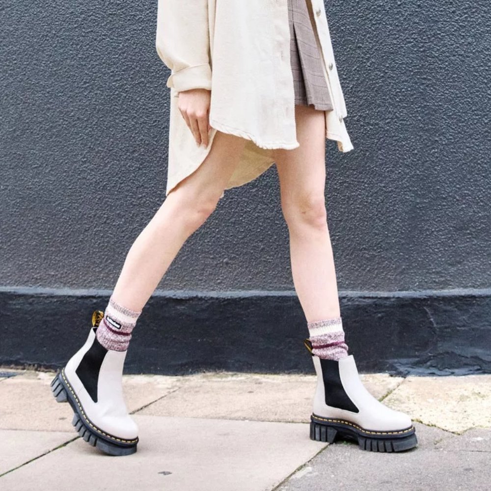 DR. MARTENS AUDRICK NAPPA LEATHER PLATFORM CHELSEA BOOTS in Cobble Stone Grey